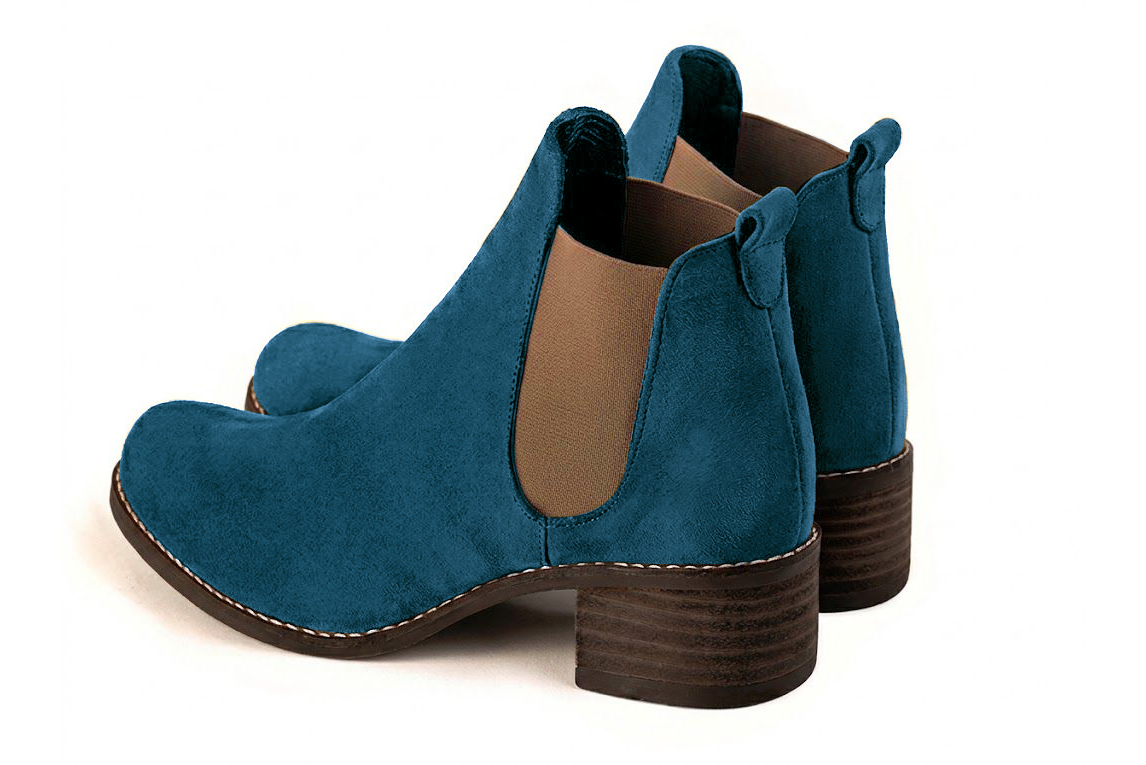 Women's peacock blue and bronze solid-color chelsea boots with round toe and leather sole - Rear view